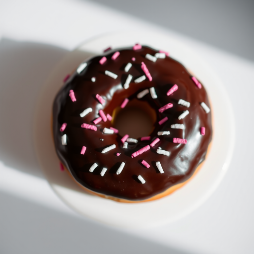 high-resolution image of a chocolate donut with pink and white sprinkles, soft lighting, 50mm lens, aperture f/2.8, ISO 100, top-down view, DSLR camera