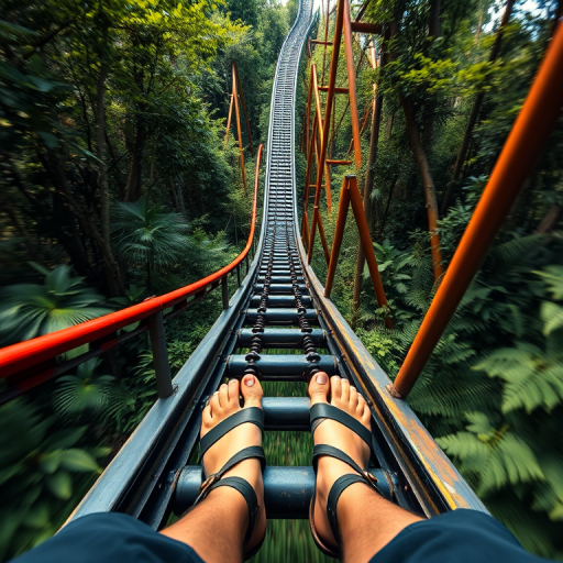 close-up view of a roller coaster track from the perspective of a rider with feet visible in sandals, surrounded by lush greenery, shot with a DSLR camera at f/4, 1/250s, ISO 200, wide-angle lens at 24mm, high dynamic range for vibrant colors and details