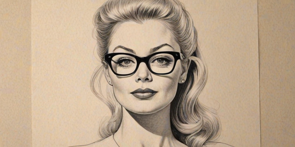 Attractive Charlotte Ross, pencil sketch, portrait of Fascinating woman 1957s in glasses, hair style beatnik, outline, clear lines, fine lines, 8k
