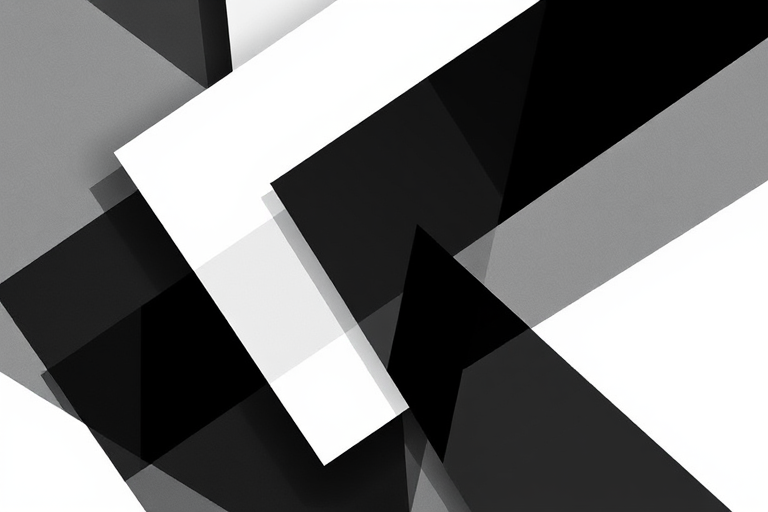 Create a high-resolution digital illustration of an abstract design featuring overlapping geometric shapes in black and white, capturing dynamic movement and depth, shot with a Canon EOS R5 at f/8, ISO 100, 50mm lens, in soft natural light.