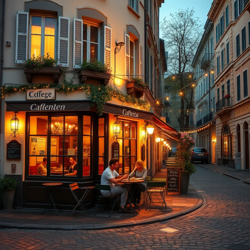 Charming cafe on a cobblestone street, warm light spilling from its windows, with couples enjoying their evening coffee under twinkling string lights.