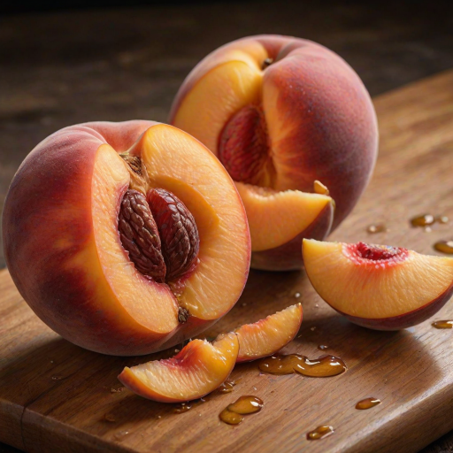 A hyperdetailed photorealistic macro color saturated high resolution image of a peach cut in half, with the peach pit being a highly detailed sculpted woman's face with her eyes open and peach-colored irises. The face has a marble texture. The image includes condensation, moisture, and peach juice. The peach is on a wooden cutting board with a small fruit knife nearby, also covered with juice.