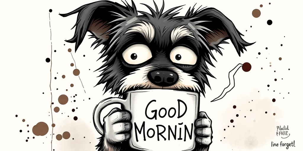 A quirky, artistic illustration of a disheveled shollie dog breed with exaggerated, large eyes and spiky fur, holding a coffee mug that reads "Good Morning". The dog has a tired but humorous expression, with ink splatters and abstract details surrounding it, giving a whimsical feel to the image. The color palette is mostly monochrome with hints of brown in the eyes and steam rising from the mug, enhancing the overall sleepy vibe