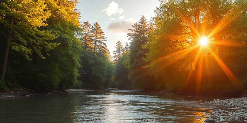 Create an image of a serene, sunlit forest scene with a clear, gently flowing river. Tall trees with lush green foliage line both sides of the river, their leaves bathed in the warm golden light of the setting or rising sun. The sunlight filters through the trees, casting soft, dappled light on the river, which flows over smooth rocks and pebbles, creating a peaceful, natural atmosphere. The sky is bright with a few scattered clouds, and the overall mood is tranquil, evoking a deep sense of connection with nature. The image captures the beauty of a calm, pristine forest landscape at either dawn or dusk.