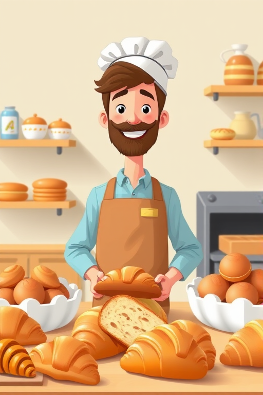 Create an illustration of a cartoon baker standing behind a table covered with various baked goods including croissants and a loaf of bread, use a bright and vibrant color palette, employ a DSLR camera with a 50mm lens, aperture set to f/2.8 for shallow depth of field, with a frontal view and soft natural lighting to enhance image quality.