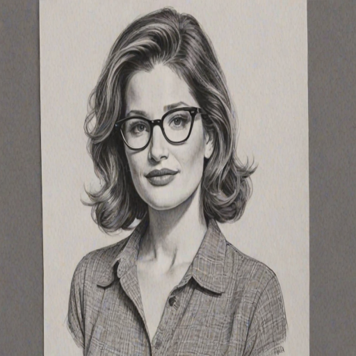 Charming Kathryn Hahn, pencil sketch, portrait of Attractive woman 1957s in glasses, hair style beatnik, outline, clear lines, fine lines, 8k