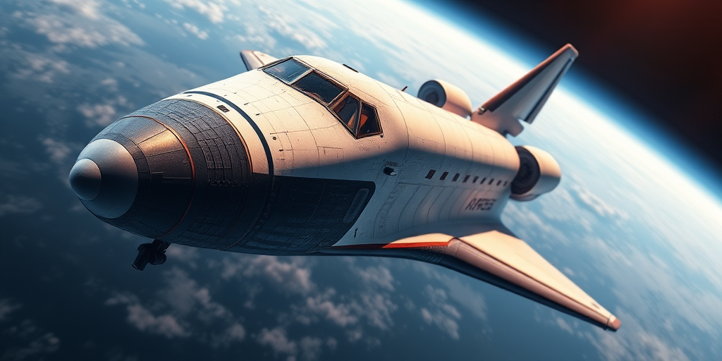 Create a high-resolution illustration of a space shuttle with detailed textures and vibrant colors, using a DSLR camera, f/8 aperture, 1/125s shutter speed, 50mm lens, with a focused view and a soft gradient background to enhance visual depth.