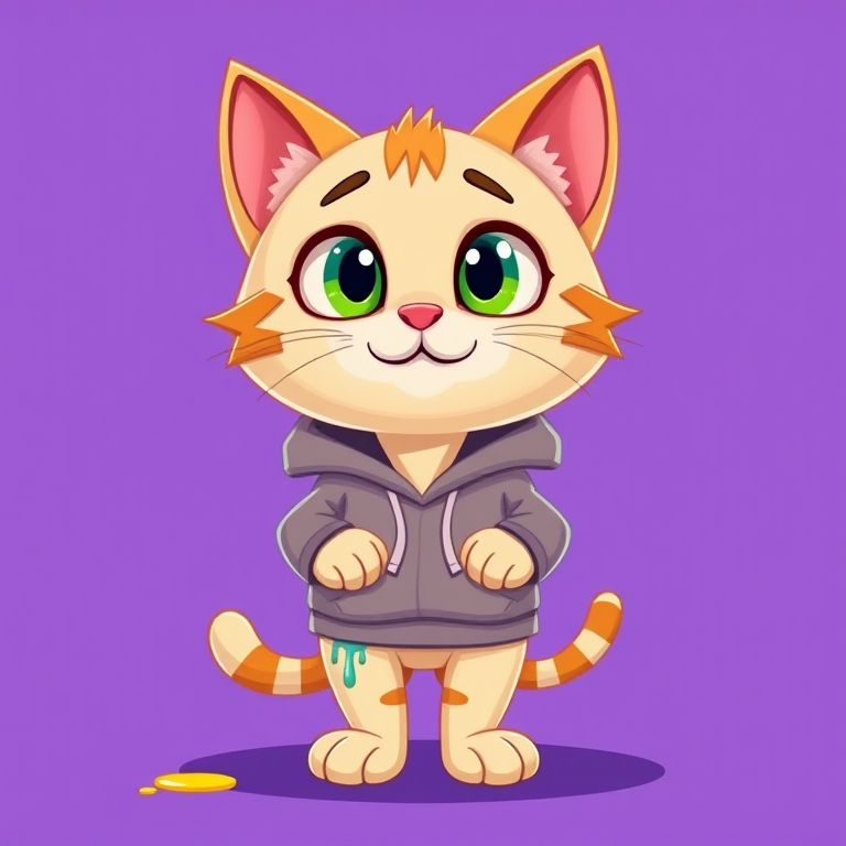Create a vibrant cartoon illustration of a cute cat character with oversized eyes, wearing a hoodie, standing in a playful pose, with colorful drips around its legs, set against a solid purple background, using a DSLR camera with a 50mm lens, aperture f/2.8, ISO 100, and shallow depth of field for enhanced detail and clarity.
