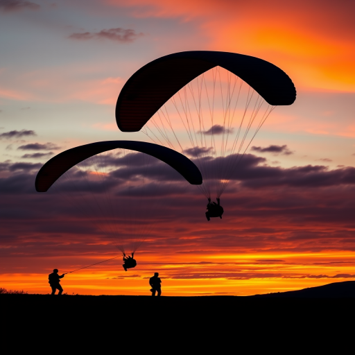 create a silhouette image of paragliders against a sunset sky, with vibrant orange and purple hues, using a Canon EOS R5 camera, 85mm lens, aperture f/2.8, shutter speed 1/200s, ISO 100, in a panoramic view for enhanced depth and clarity