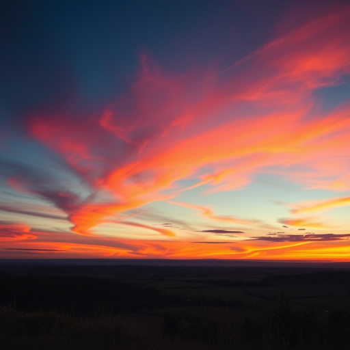 Regenerate a vibrant sunset landscape with rich colors, using a DSLR camera with a 50mm lens, aperture f/1.8, ISO 100, at a 1/200s shutter speed, shot from a low angle to capture foreground interest and a panoramic view.