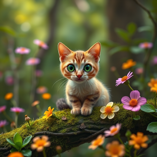 Create a hyper-realistic image of a whimsical cat with large green eyes sitting on a mossy branch surrounded by vibrant flowers in a lush forest setting, using a DSLR camera with a 50mm lens, f/1.8 aperture, ISO 100, and a shallow depth of field to enhance details and colors.