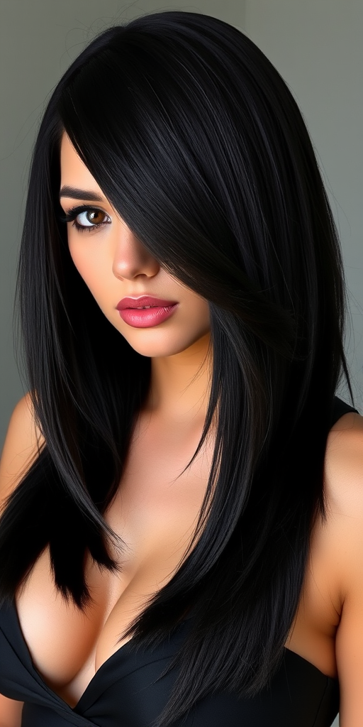 Captivating raven-haired enchantress with hip-length, pin-straight locks, showcasing a dramatic side part and glossy finish