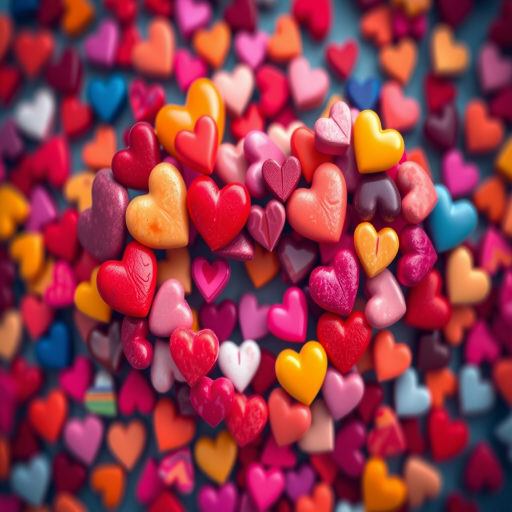 Create a vibrant infinity symbol composed of multicolored hearts, macro lens, f/2.8 aperture, 1/125s shutter speed, ISO 100, taken with a DSLR camera, top-down view, with high saturation and contrast for enhanced image quality.