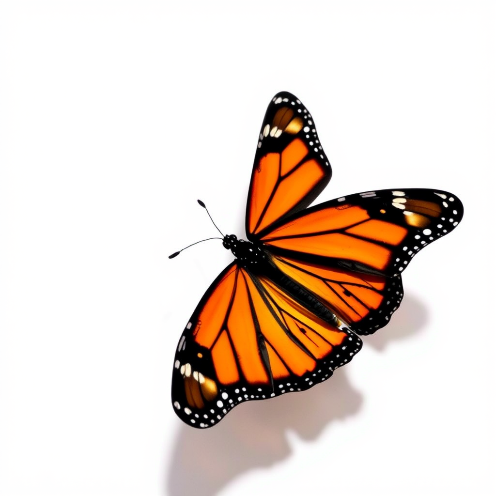 Generate an image of a monarch butterfly with vibrant orange and black wings, positioned in mid-flight against a plain white background, casting a subtle shadow beneath it.