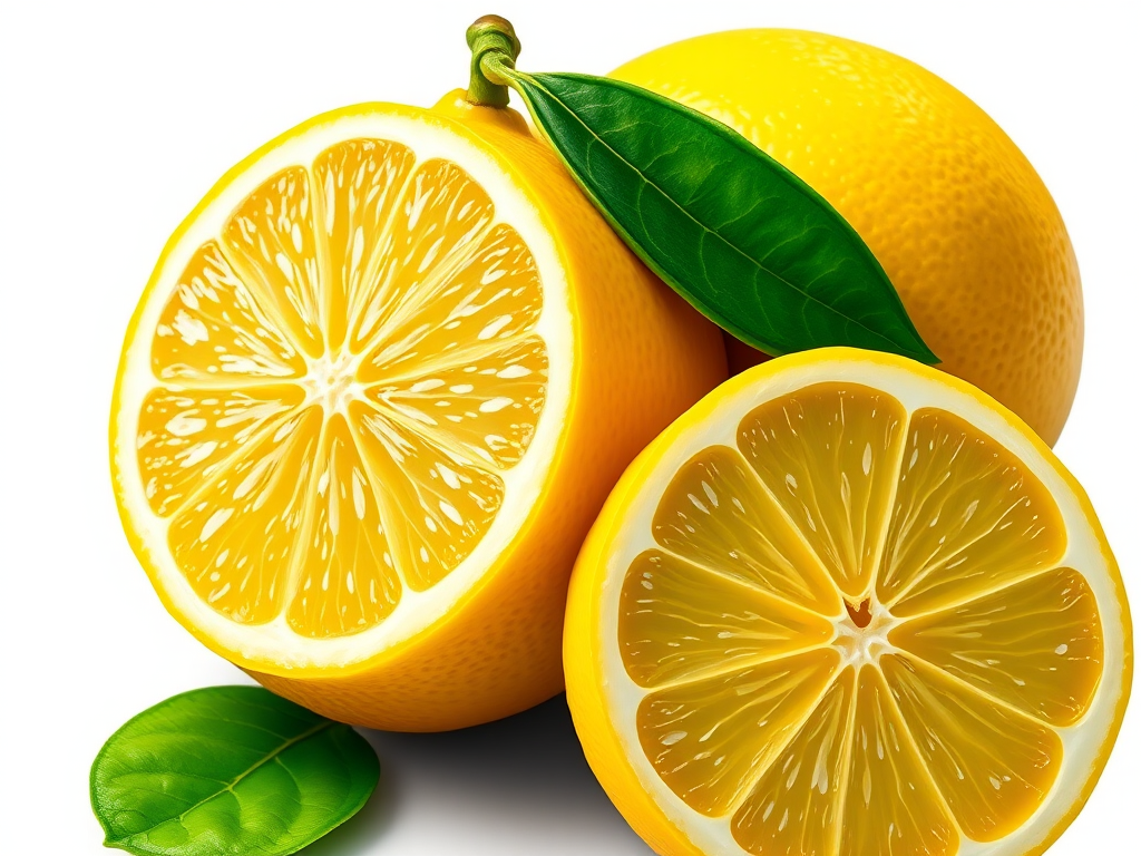 A detailed and vibrant digital illustration of a fresh lemon with a green leaf next to a sliced lemon, high resolution, using a Canon EOS R5 with a 50mm f/1.2 lens, aperture set to f/2.8, ISO 100, natural lighting for enhanced clarity and color.