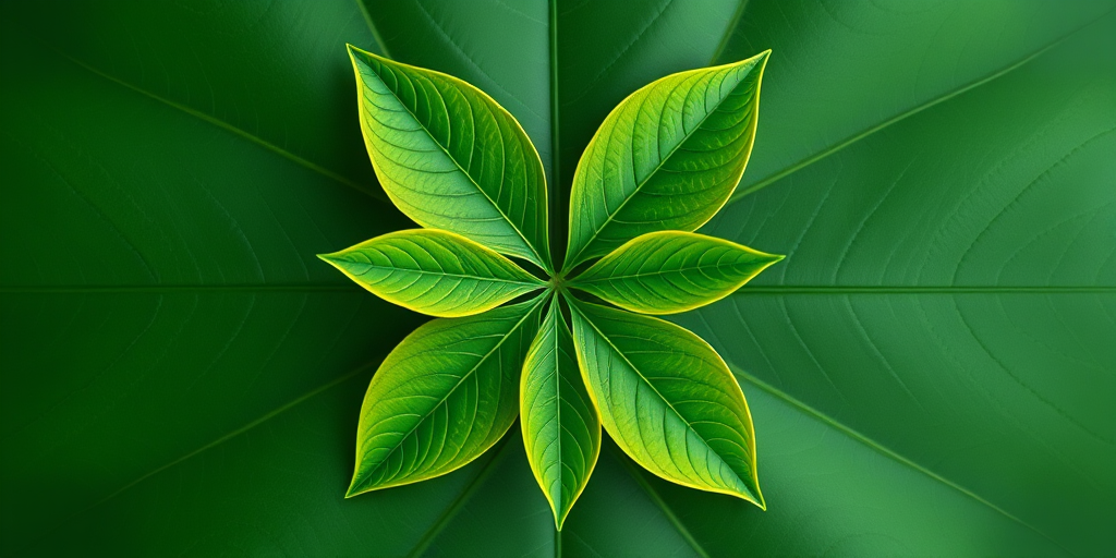 Create a high-resolution vector image of a stylized green leaf design with six leaves arranged in a star shape, captured with a Canon EOS R5 at f/8, ISO 100, 50mm lens, top-down view, soft lighting.