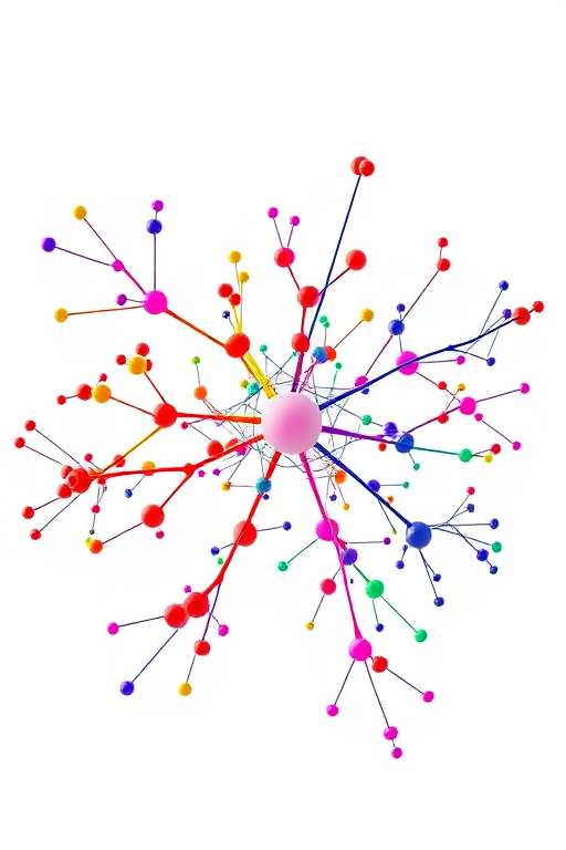 Generate a vibrant and colorful abstract molecular structure with interconnected nodes and branching lines, using a Canon EOS R5 with a 50mm f/1.2 lens, aperture f/2.8, ISO 100, and a bright white background for enhanced contrast, shot from a top-down angle to capture the network design clearly.