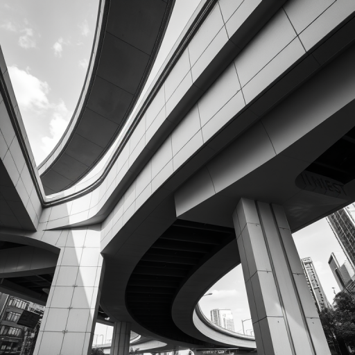 black and white photograph of modern overpasses and urban infrastructure with a focus on curves and lines, shot with a Canon EOS R5 at f/8, 1/250 sec, ISO 100, with a wide-angle lens at a low angle for depth, emphasizing geometric shapes and textures in the scene