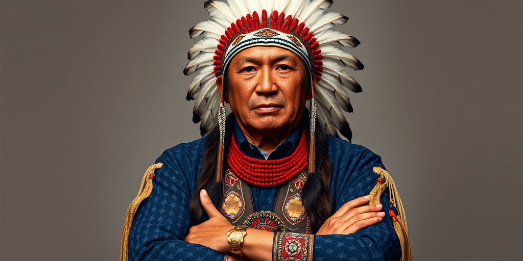 Create a dignified portrait of a Native American man dressed in traditional attire. He wears a beautifully crafted headdress adorned with white feathers and red beads, along with a beaded headband featuring intricate patterns. His clothing includes a deep blue, patterned shirt and a traditional chest piece with detailed beadwork. His arms are crossed, displaying leather armbands decorated with feathers. The background is simple and neutral, emphasizing his proud and stoic expression. The overall image captures the rich cultural heritage and strength of his persona.