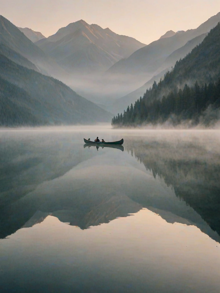 Soft-focus image of a serene lake reflecting the surrounding mountains at sunrise, with soft mist rising off the water and a single canoe gently gliding across the surface.