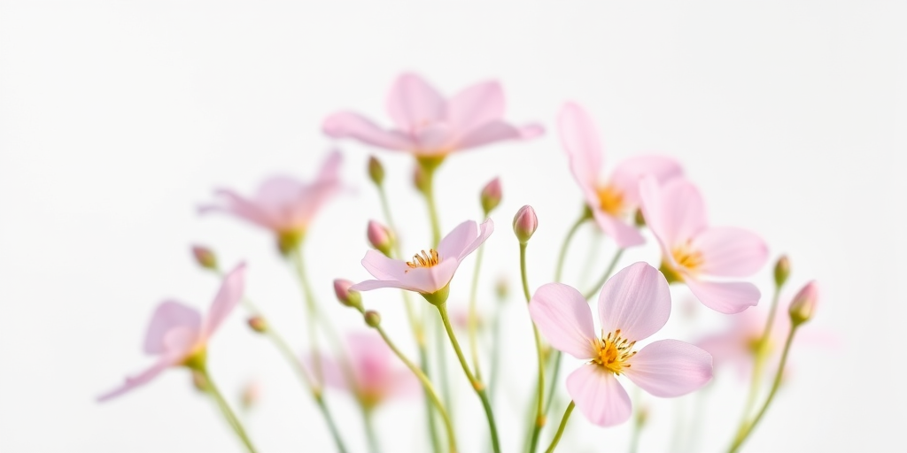 Create a high-resolution image of delicate pink flowers with soft petals and slender green stems against a white background, captured with a DSLR camera at f/2.8 aperture, ISO 100, 50mm lens, and a natural light setup for enhanced clarity and detail.
