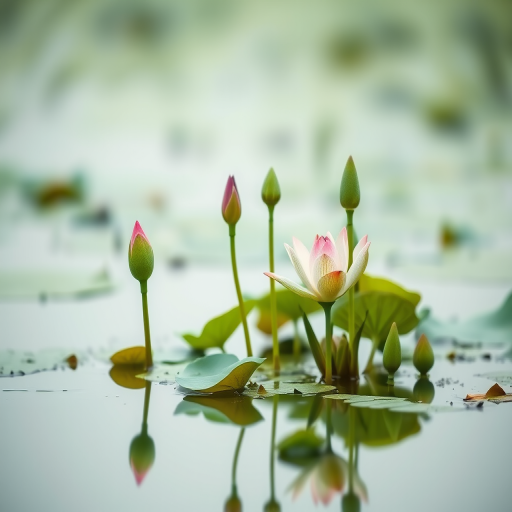 Capture a serene scene of lotus plants emerging from calm water with soft green tones, using a Canon EOS R5, 50mm lens, aperture f/2.8, ISO 100, with a soft focus effect to enhance the tranquil atmosphere and reflections in the water.