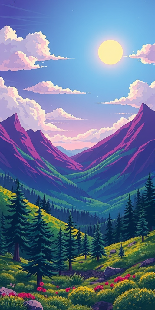 create a vibrant digital illustration of a scenic landscape featuring purple mountains, green hills, pine trees, a bright sun, and fluffy clouds using a Canon EOS 5D Mark IV camera with a 24mm lens at f/8, ISO 100, and a shallow depth of field to enhance image quality