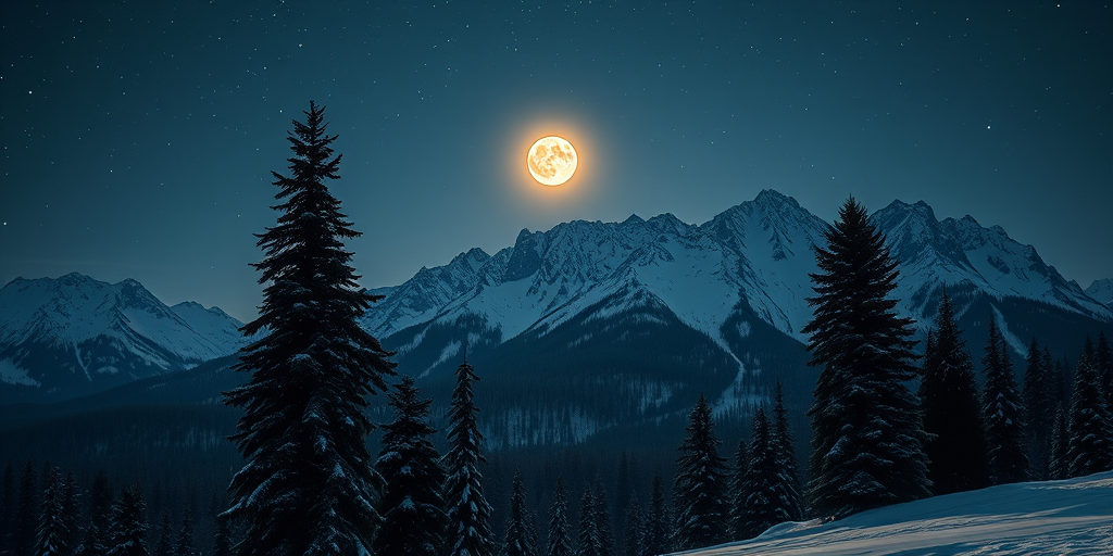 create a surreal landscape featuring a full moon illuminating snowy mountains and tall pine trees under a starry sky, shot with a Canon EOS R5, using a 24mm f/1.4 lens, aperture set to f/2.8, ISO 100, with a soft focus background effect and vibrant color saturation