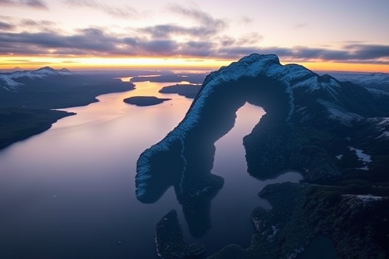 Create an image of the outline of Norway with a clear detail of its coastline, using a high-resolution digital camera, focal length 35mm, aperture f/8, shot at sunrise to enhance colors, and a wide-angle perspective for a comprehensive view.