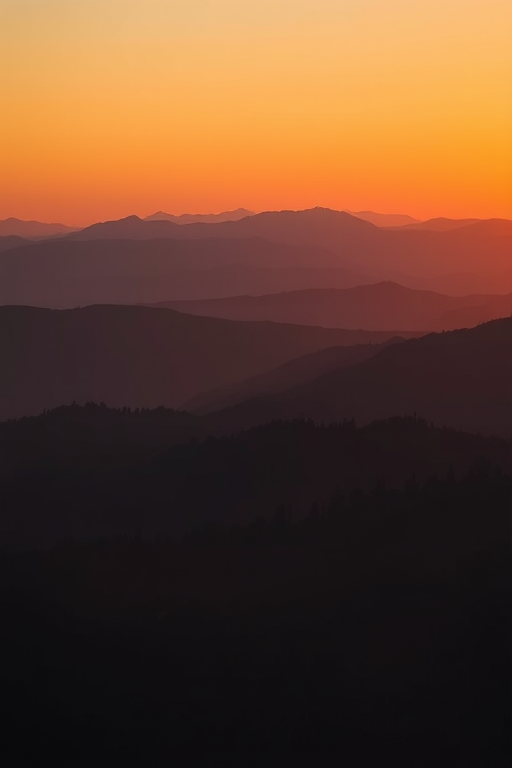 regenerate the image of a stylized landscape at sunset with layers of mountains and silhouettes of trees, using a Canon EOS R5 with a 35mm f/1.4 lens, aperture set to f/8, ISO 100, shot in landscape orientation, focus on depth of field for sharp foreground and soft background blending.