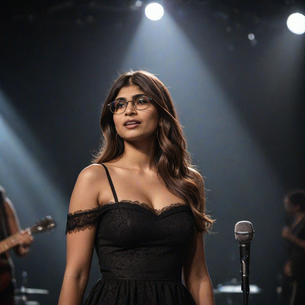 mia khalifa with long, flowing brown hair is standing in the center of the frame, holding a microphone in her right hand, and looking slightly off to the right side of the frame. She is wearing a black, off-the-shoulder dress with delicate lace detailing. The lighting is warm and dramatic, creating a spotlight effect on the singer. There are other figures in the background, blurred and out of focus, suggesting a concert or performance setting. The camera angle is low, capturing the woman from the waist up. The overall atmosphere is intimate and captivating.