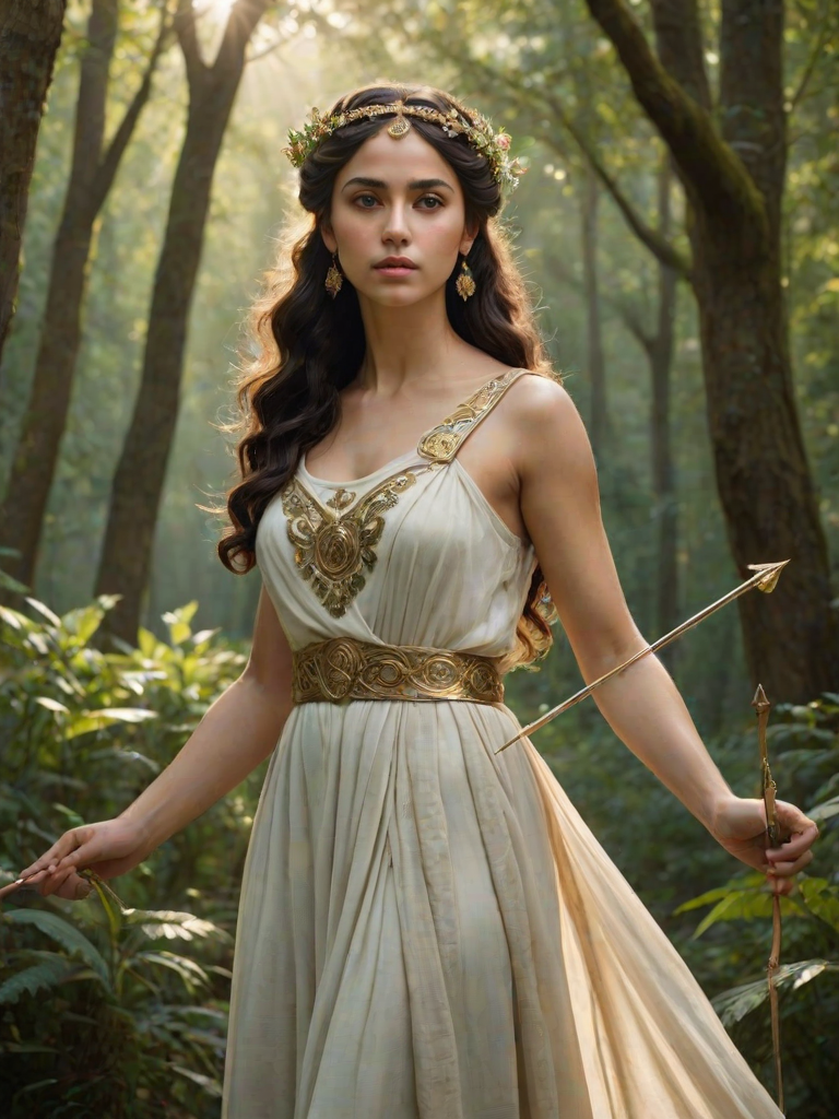 Create a portrait of a goddess-like Coptic girl figure in a tranquil, forested environment. She has an elegant appearance with long, wavy hair styled in an updo and adorned with a delicate, floral headband. She wears a flowing, ancient Greek-inspired gown in a soft, pale color, featuring a one-shoulder design and draped fabric that accentuates her graceful form. The outfit includes a decorative belt with ornate gold detailing, and she holds a bow in her hand, with a quiver of arrows slung over her shoulder. The background depicts lush greenery, with sunlight filtering through the trees, casting a gentle, ethereal light on the scene. Her expression is calm and contemplative, embodying a sense of wisdom and serenity.