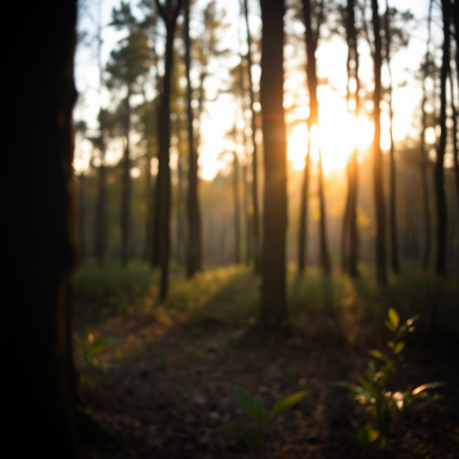 Generate an image of a tranquil forest scene during golden hour with soft sunlight filtering through the trees using a Canon EOS 5D Mark IV, 50mm lens at f/1.8, ISO 100, 1/125 sec, capturing a shallow depth of field for crisp foreground details and a blurred background.