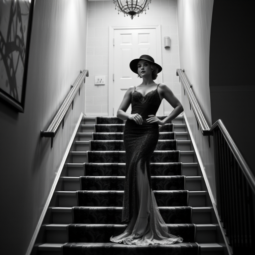 Create a high-resolution black and white image of a 1920s couple posed dramatically on a staircase, use a DSLR camera with a 50mm lens, aperture set to f/2.8 for a shallow depth of field, ISO 100 for low noise, and a slightly underexposed look for enhanced contrast.