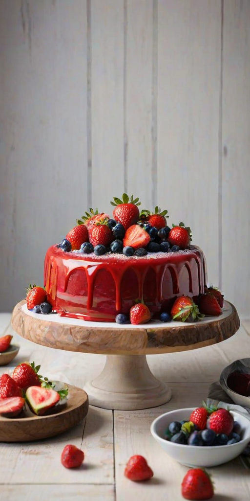 Create an image of a beautiful cake with a smooth, glossy red glaze on top. The cake should be decorated with an assortment of fresh fruits, including strawberries and figs, along with some greenery. The cake is placed on a rustic white wooden cake stand, against a light wooden background. The overall aesthetic should be elegant and inviting.