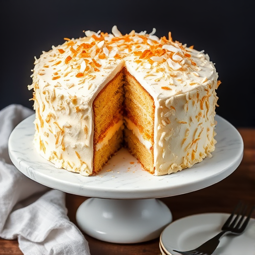 A beautifully decorated coconut cake on a marble cake stand with a slice cut out revealing the layers inside the cake topped with toasted coconut flakes set against a dark background with a fork and plate beside it.
