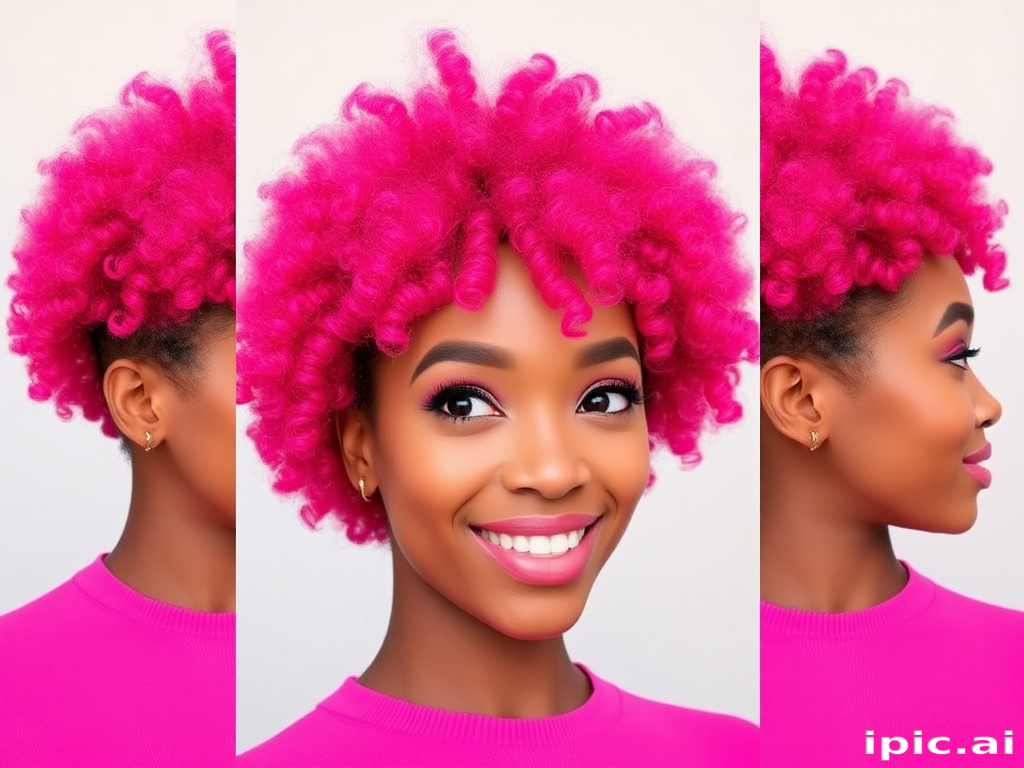 Playful Bubblegum Pink Afro styled into a perfectly round shape, showcasing voluminous coils and vibrant magenta hues for a fun and energetic look