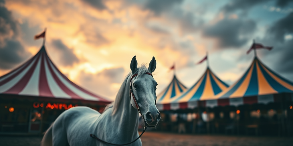 A vintage circus scene at dusk with a white horse in the foreground, colorful striped tents in the background, dramatic cloudy sky, shot with a DSLR camera, 50mm lens, f/2.8 aperture, ISO 200, shallow depth of field for a soft background blur, warm tones to enhance the atmosphere.