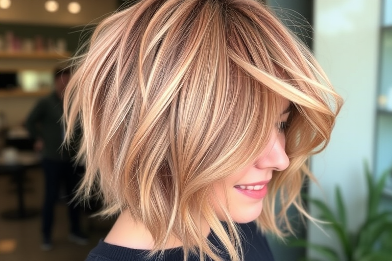 Rose gold shag haircut with curtain bangs and lots of layers, known as "Blushing Sunset," featuring a tousled, effortless look with darker roots for depth