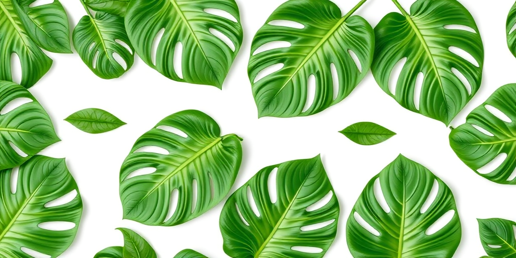 Create a seamless pattern of large, vibrant green monstera leaves on a white background, captured with a Canon EOS R5 at f/5.6, ISO 100, in a top-down view, with a natural light setting.
