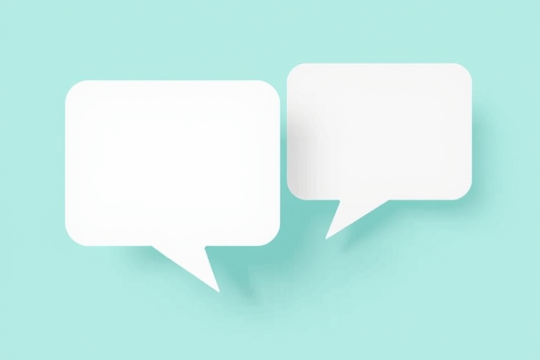 create a clean and modern graphic of two blank speech bubbles, use a high resolution of 300 DPI, set camera view to landscape, use a soft focus style, and utilize a digital camera for crisp clarity.