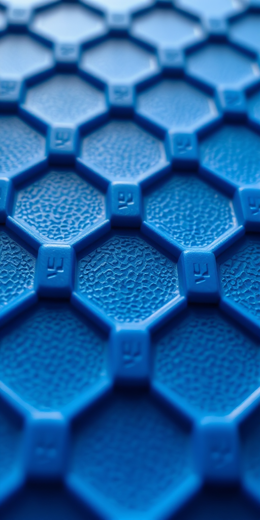 high-resolution close-up of a textured blue hexagonal pattern, DSLR, f/4 aperture, 50mm lens, ISO 100, natural lighting, sharp focus