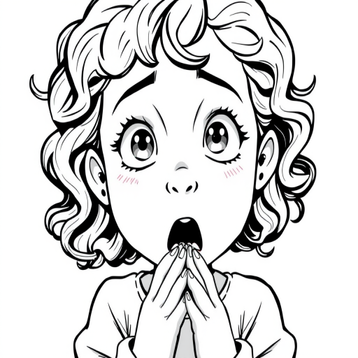 The image is a black and white illustration of a young girl with curly hair. She has a surprised expression on her face with her mouth open and her hands clasped together in front of her chest. Her eyes are wide and her eyebrows are furrowed. Her hair is styled in loose curls that are cascading down her back. The overall mood of the image is one of shock or surprise.