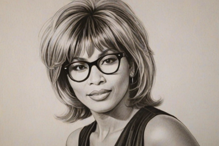 Charming Tina Turner, pencil sketch, portrait of Enchanting woman 1966s in glasses, hair style beatnik, outline, clear lines, fine lines, 8k
