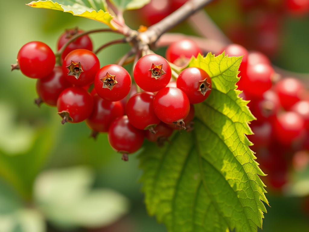 Regenerate the image of a cluster of red currants with a detailed green leaf, using a Canon EOS R5 camera, 50mm lens, aperture f/2.8, shutter speed 1/125s, ISO 100, soft natural lighting, and a shallow depth of field for enhanced quality.