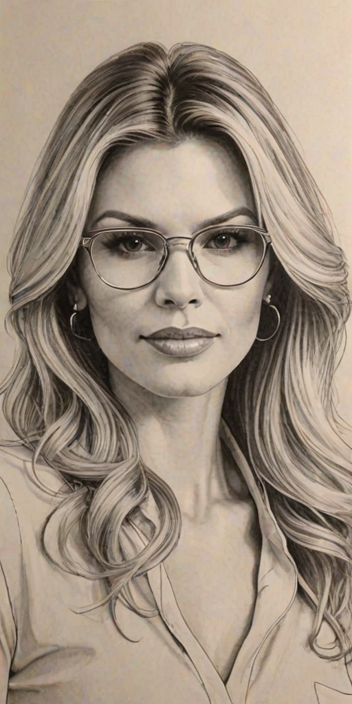 Gorgeous Brandi Glanville, pencil sketch, portrait of Resplendent woman 1976s in glasses, hair style beatnik, outline, clear lines, fine lines, 8k