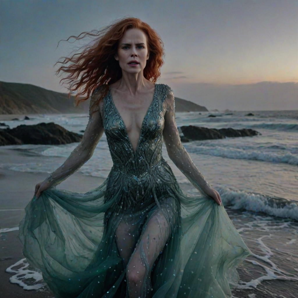 Bewitching image of Nicole Kidman, Big Little Lies star, with her porcelain skin and cascading red curls, emerging from misty waves in a sheer, iridescent gown, on a moonlit beach dotted with bioluminescent algae