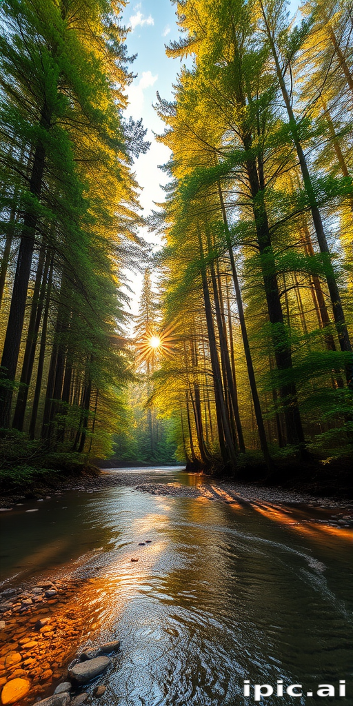 Create an image of a serene, sunlit forest scene with a clear, gently flowing river. Tall trees with lush green foliage line both sides of the river, their leaves bathed in the warm golden light of the setting or rising sun. The sunlight filters through the trees, casting soft, dappled light on the river, which flows over smooth rocks and pebbles, creating a peaceful, natural atmosphere. The sky is bright with a few scattered clouds, and the overall mood is tranquil, evoking a deep sense of connection with nature. The image captures the beauty of a calm, pristine forest landscape at either dawn or dusk.