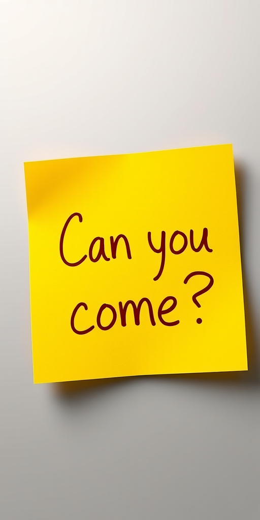Yellow post-it note, hand written in brown pen text "Can you come??", 3d, hd, hyper realistic,