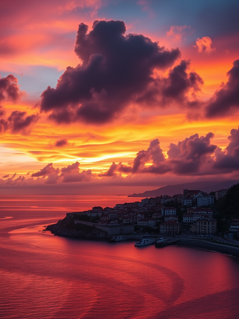 Capture a vibrant sunset over a coastal city with dramatic clouds reflecting in the water, using a Canon EOS R5 with a 24-70mm lens at f/8, ISO 200, 1/125 sec, in landscape orientation for sharp details and rich colors.